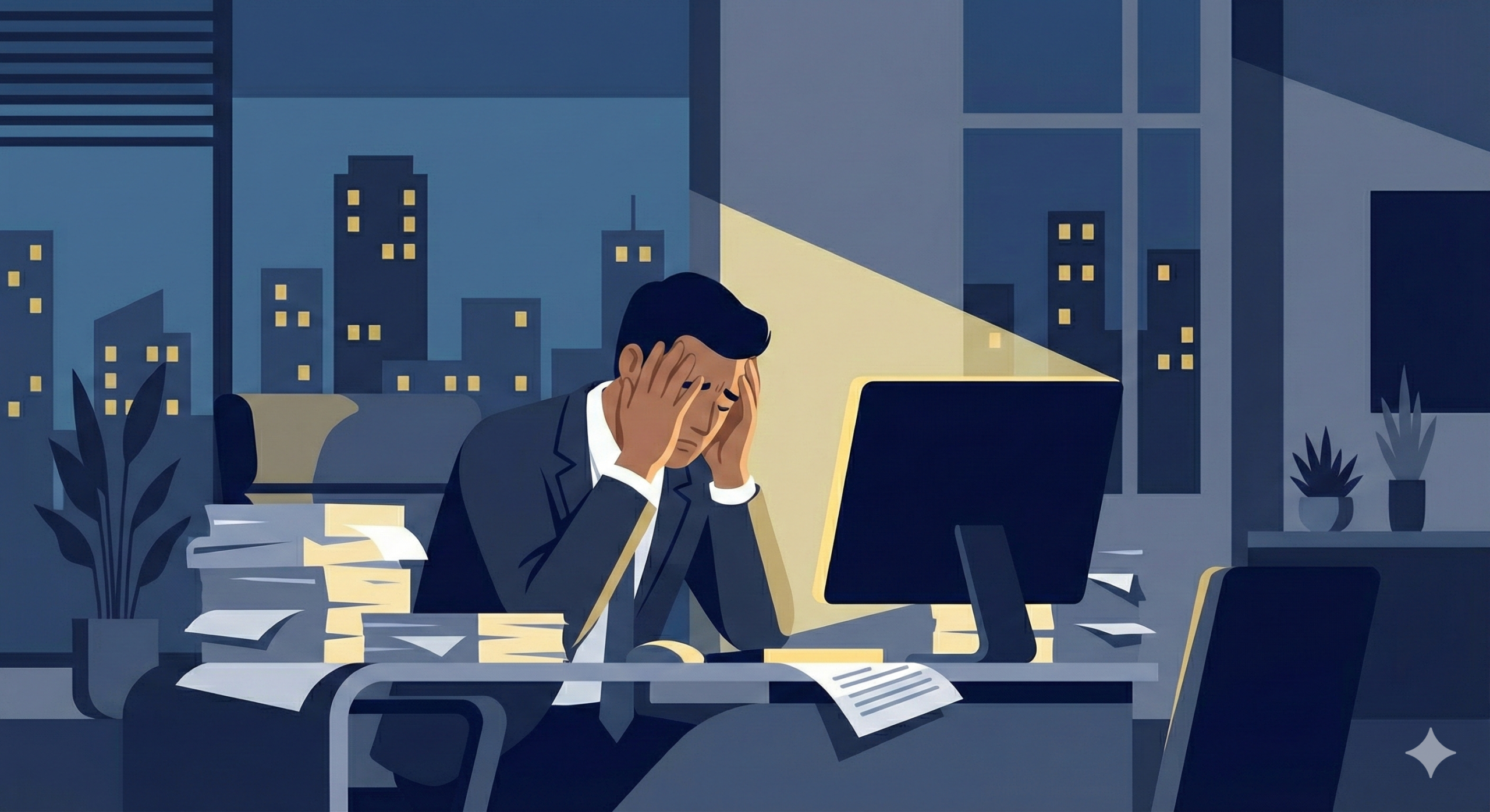 深夜のオフィスで頭を抱える経営者